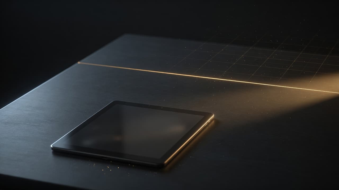 A tablet on a dark desk, crossed by a thin line of gold light